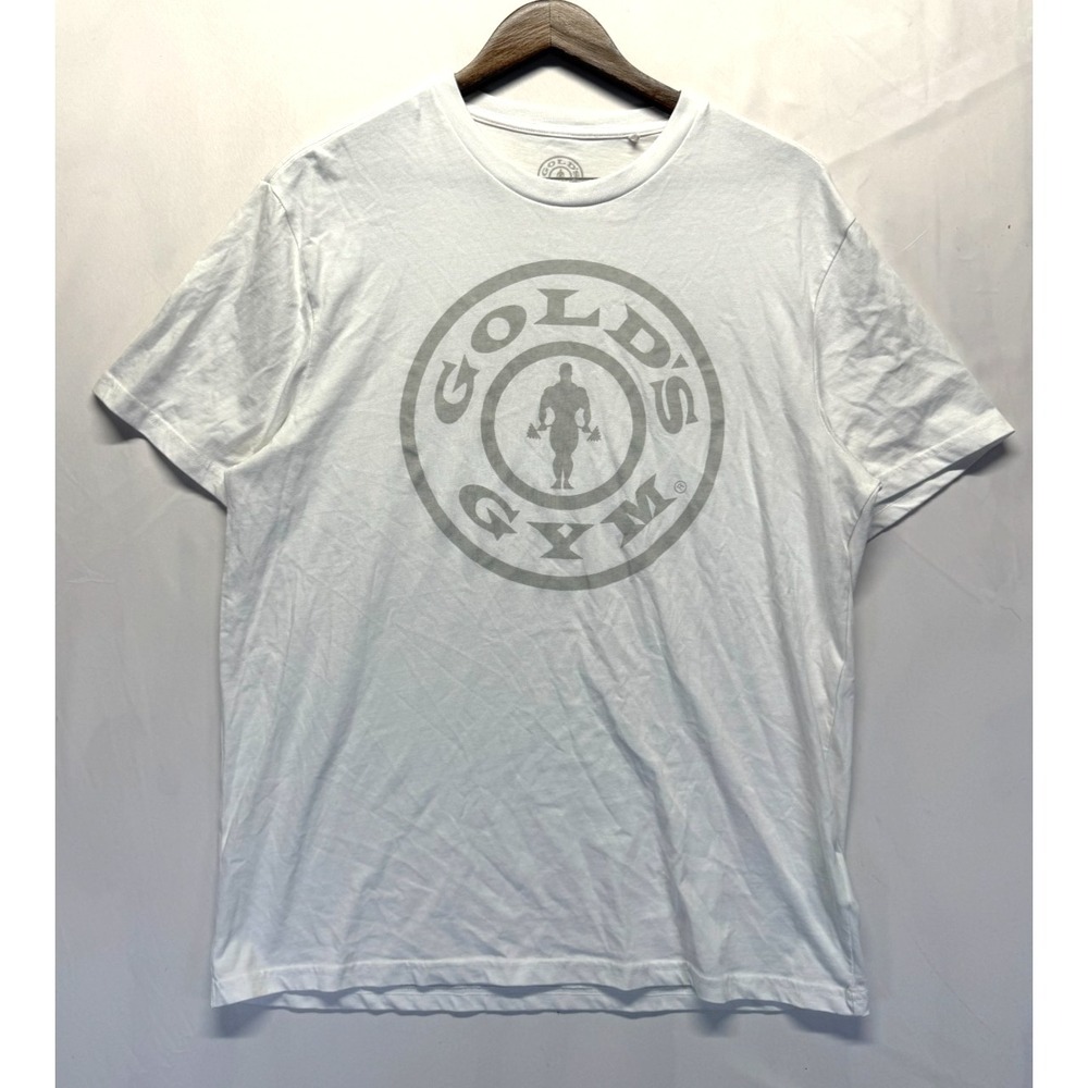 Gold's Gym Muscle Joe Weight Plate T-Shirt Men Large White Graphic Circular Logo